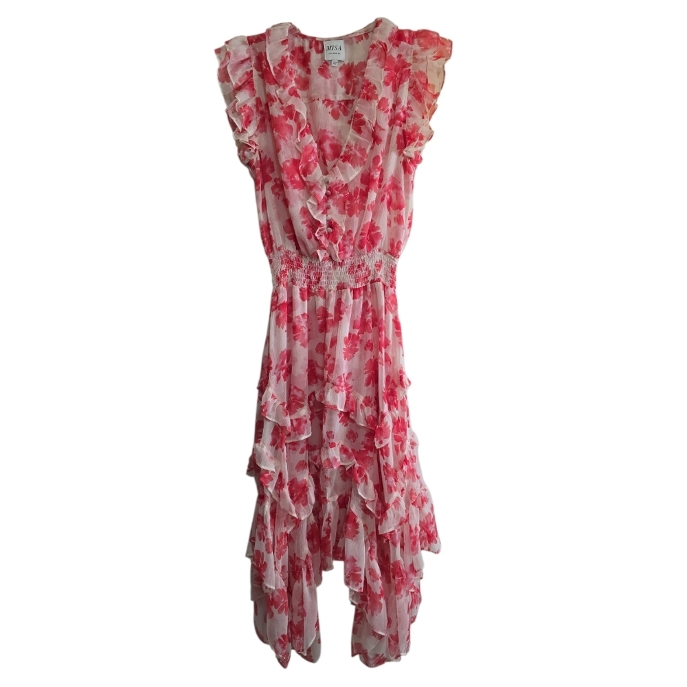 Misa LA Dakota Chiffon Floral Midi Dress XS Hi Lo Assymetrical Hem - Picture 5 of 13